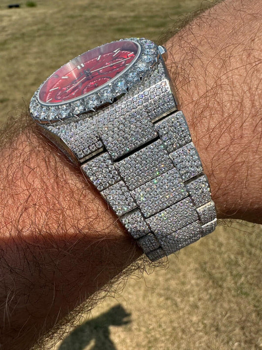 Hip Hop 35ct MOISSANITE Red Face Mens Perpetual Calendar Real Watch Auto Iced Hip Hop