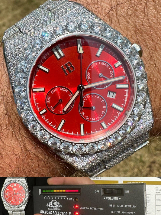 Hip Hop 35ct MOISSANITE Red Face Mens Perpetual Calendar Real Watch Auto Iced Hip Hop