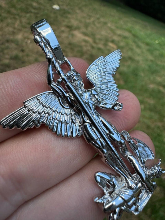 Hip Hop Artwork Saint St Michael Slaying Dragon Archangel Pendant - 925 Silver - 3 Sizes 1"-3"