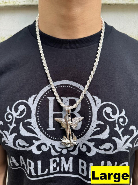 Hip Hop Artwork Saint St Michael Slaying Dragon Archangel Pendant - 925 Silver - 3 Sizes 1"-3"