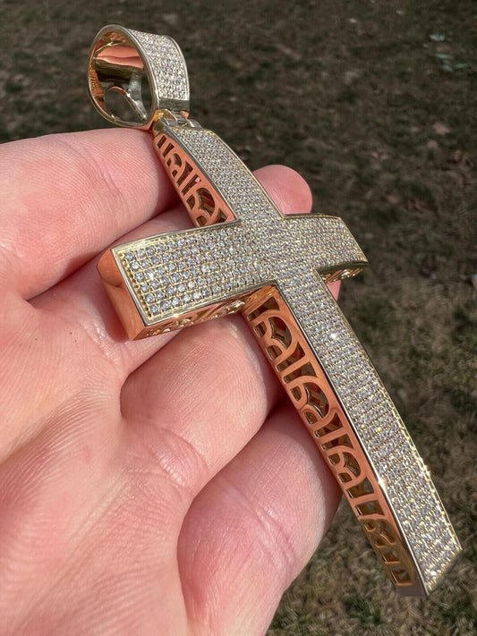 Hip Hop Iced 6.6ct Real Lab Diamond Huge 4" 49g Solid 14k Gold Cross Pendant Necklace