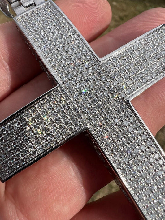 Hip Hop Iced 6.6ct Real Lab Diamond Huge 49g Solid 14k White Gold Cross Pendant Necklace