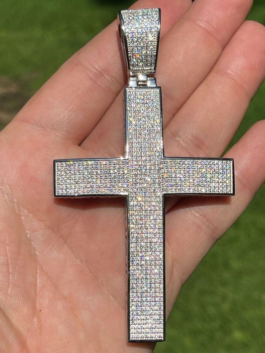 Hip Hop Iced 6.6ct Real Lab Diamond Huge 49g Solid 14k White Gold Cross Pendant Necklace