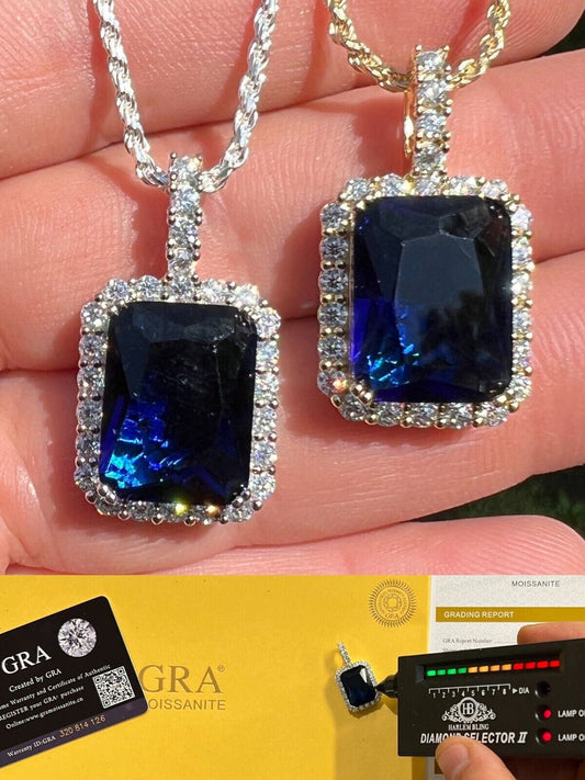 Hip Hop Iced Moissanite and Simulated Sapphire Stone Pendant Necklace Pass Diamond Test