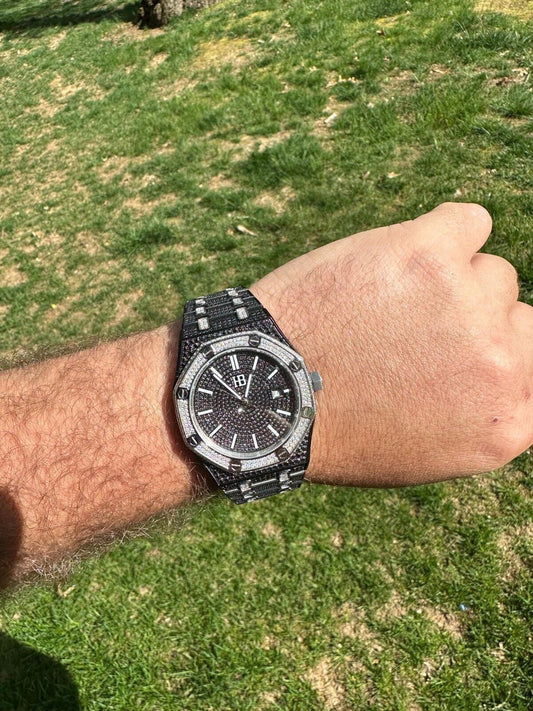 Hip Hop LIMITED EDITION PANDA WATCH - Real Black & White MOISSANITE Mens Iced Skeleton Back 44mm