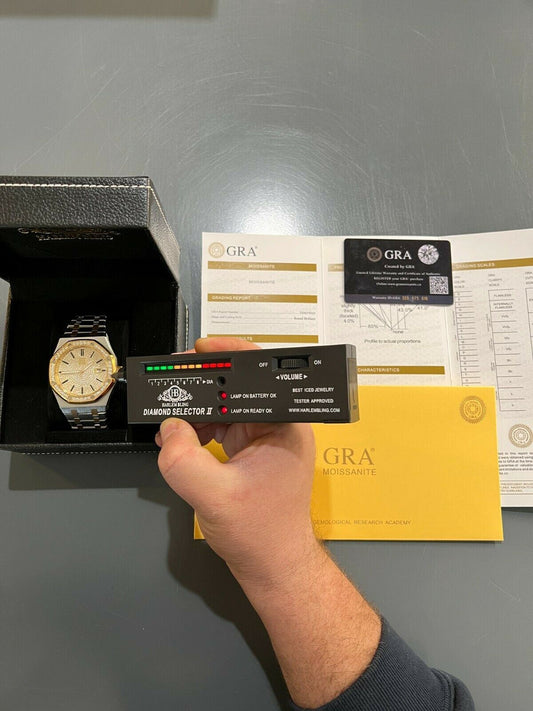 Hip Hop Mens Gold Watch Iced Automatic Skeleton Back Gold 44mm Moissanite Stone Bezel