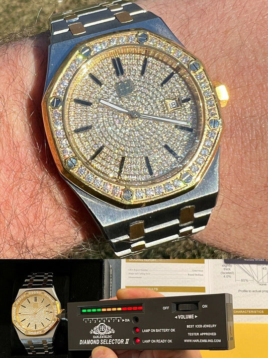 Hip Hop Mens Gold Watch Iced Automatic Skeleton Back Gold 44mm Moissanite Stone Bezel