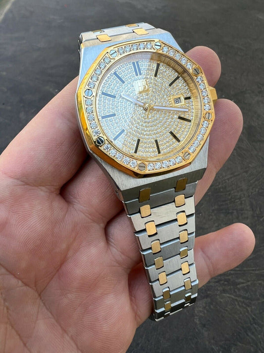 Hip Hop Mens Gold Watch Iced Automatic Skeleton Back Gold 44mm Moissanite Stone Bezel