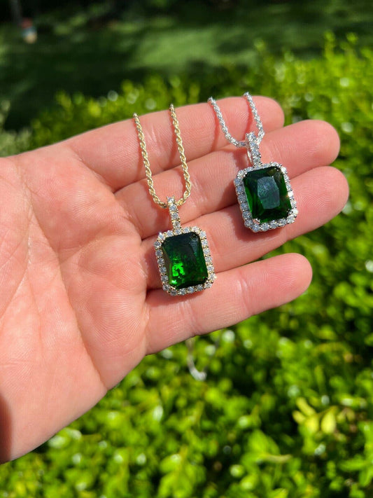Hip Hop Mens Hip Hop Iced Moissanite and Green Simulated Emerald Pendant Necklace Silver