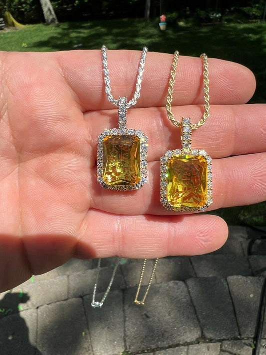 Hip Hop Mens Hip Hop Iced Moissanite and Yellow Simulated Canary Diamond Pendant Necklace