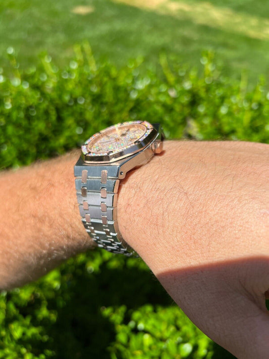 Hip Hop Mens MOISSANITE Watch Iced Automatic Skeleton Back Rose Gold and Stainless Steel