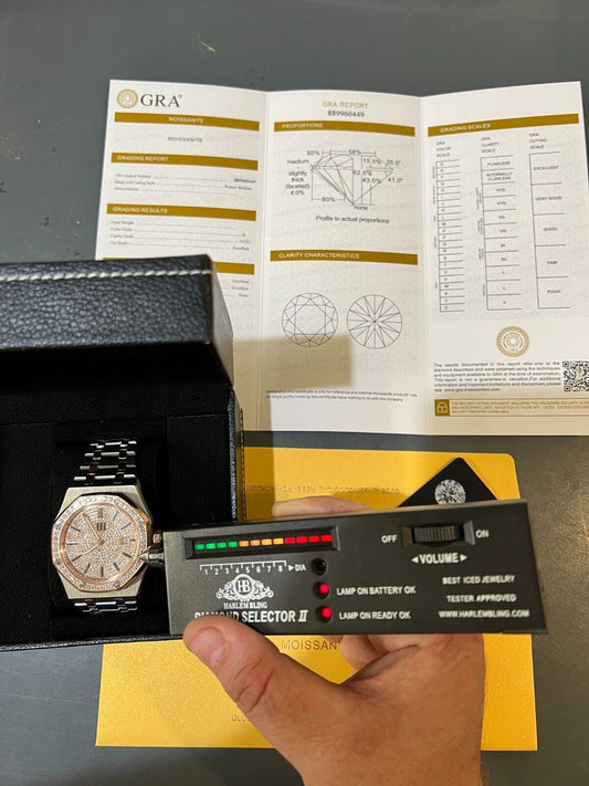 Hip Hop Mens MOISSANITE Watch Iced Automatic Skeleton Back Rose Gold and Stainless Steel