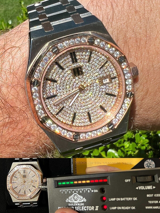 Hip Hop Mens MOISSANITE Watch Iced Automatic Skeleton Back Rose Gold and Stainless Steel