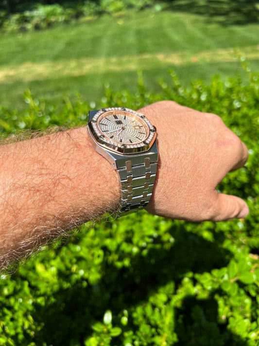 Hip Hop Mens MOISSANITE Watch Iced Automatic Skeleton Back Rose Gold and Stainless Steel