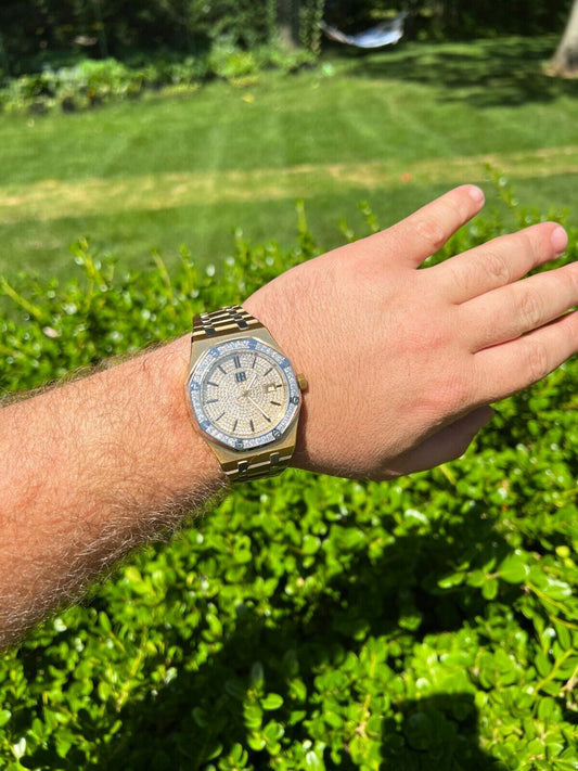 Hip Hop Mens MOISSANITE Watch Iced Automatic Skeleton Back Yellow Gold and Stainless Steel