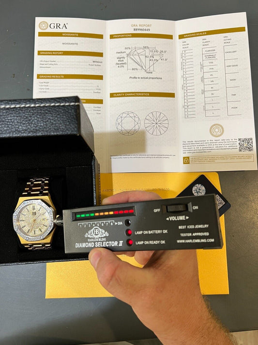 Hip Hop Mens MOISSANITE Watch Iced Automatic Skeleton Back Yellow Gold and Stainless Steel