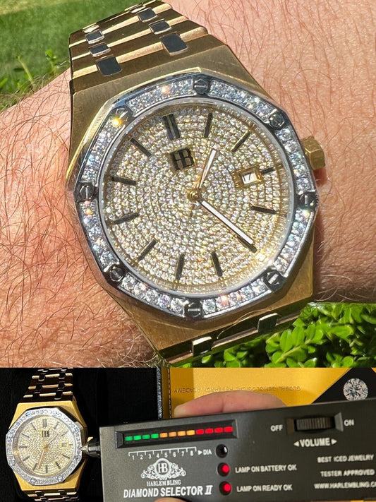 Hip Hop Mens MOISSANITE Watch Iced Automatic Skeleton Back Yellow Gold and Stainless Steel