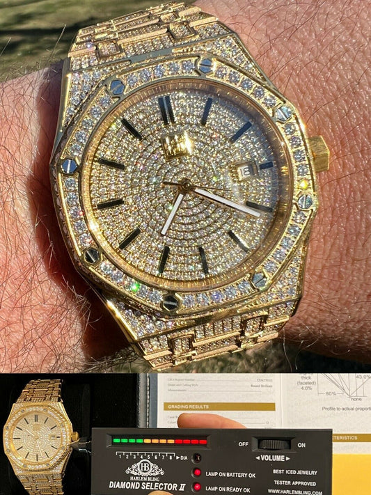 Hip Hop Mens MOISSANITE Watch Iced Automatic Skeleton Gold 44mm HipHop Pass Diamond Test