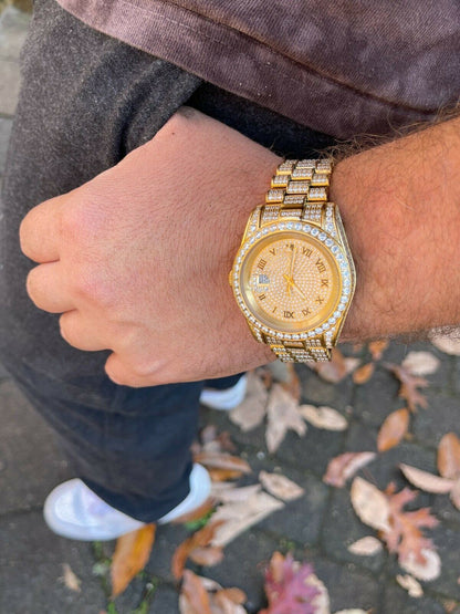 Hip Hop Mens Presidential Roman 14k Gold Stainless Watch Iced 15ct Bust Down Diamond