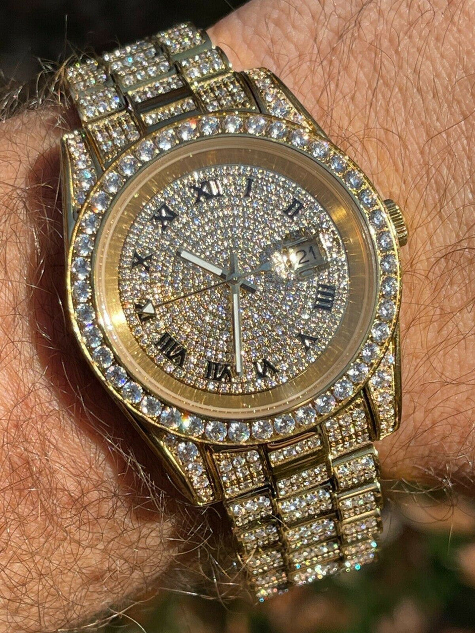 Hip Hop Mens Presidential Roman 14k Gold Stainless Watch Iced 15ct Bust Down Diamond