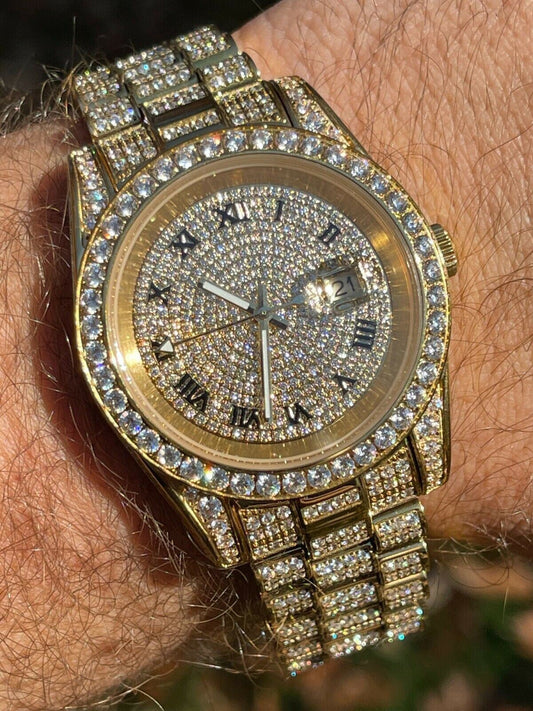 Hip Hop Mens Presidential Roman 14k Gold Stainless Watch Iced 15ct Bust Down Diamond