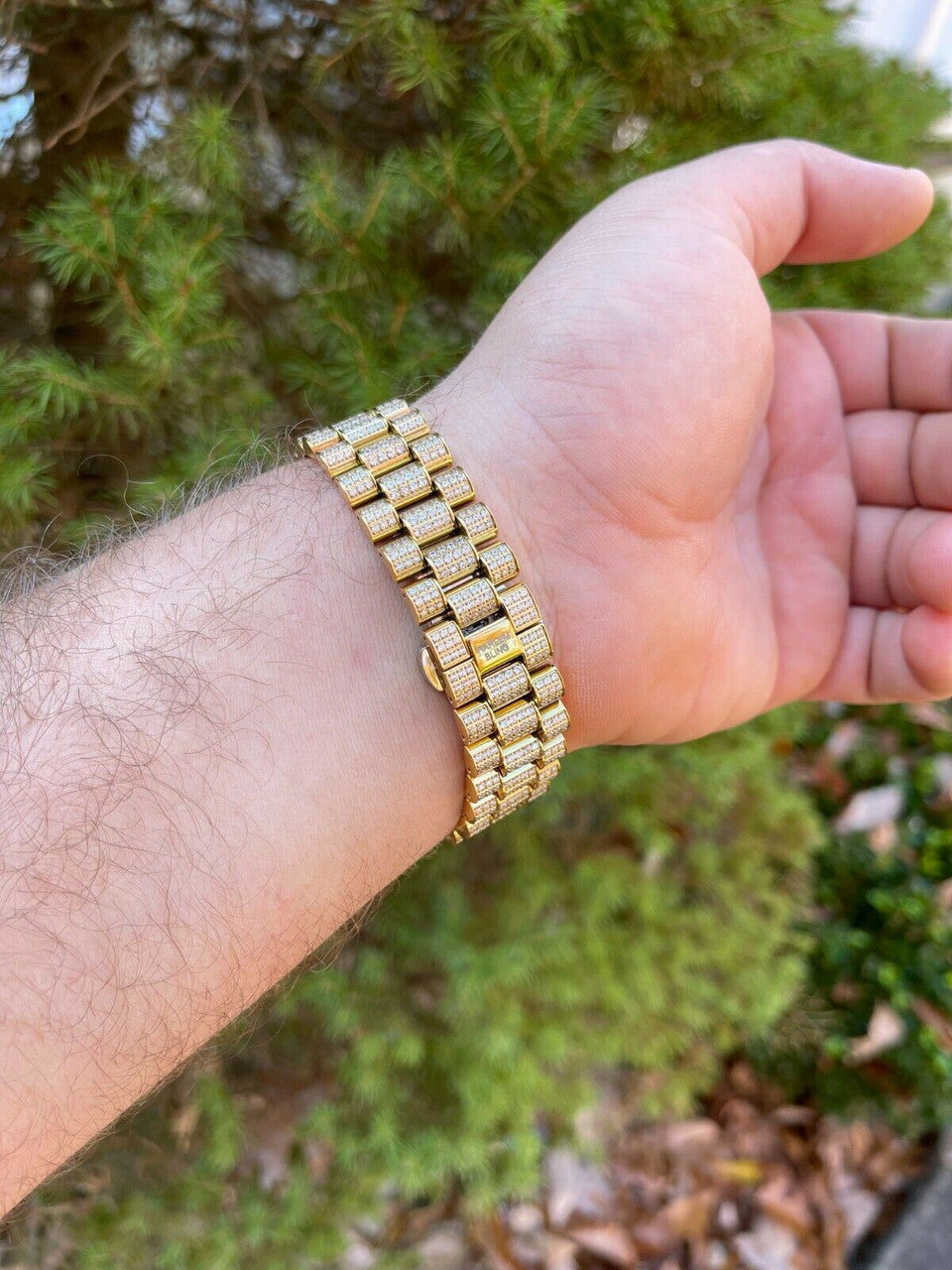 Hip Hop Mens Presidential Roman 14k Gold Stainless Watch Iced 15ct Bust Down Diamond