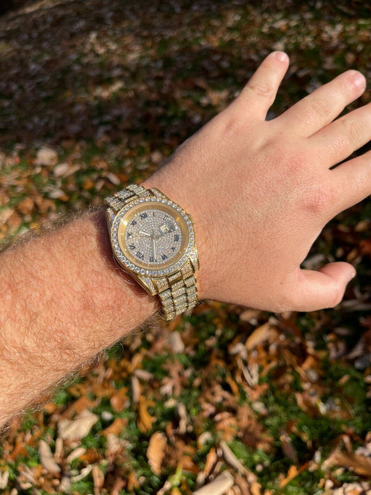 Hip Hop Mens Presidential Roman 14k Gold Stainless Watch Iced 15ct Bust Down Diamond