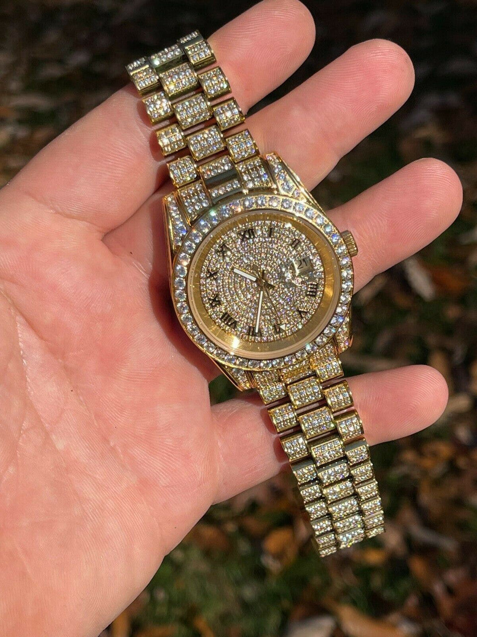 Hip Hop Mens Presidential Roman 14k Gold Stainless Watch Iced 15ct Bust Down Diamond