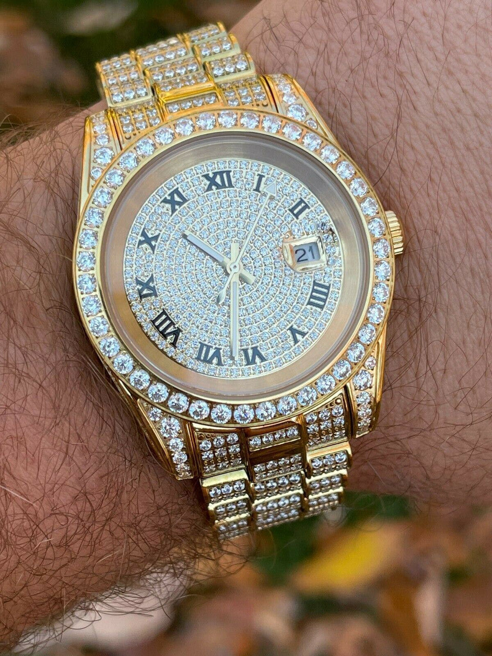 Hip Hop Mens Presidential Roman 14k Gold Stainless Watch Iced 15ct Bust Down Diamond