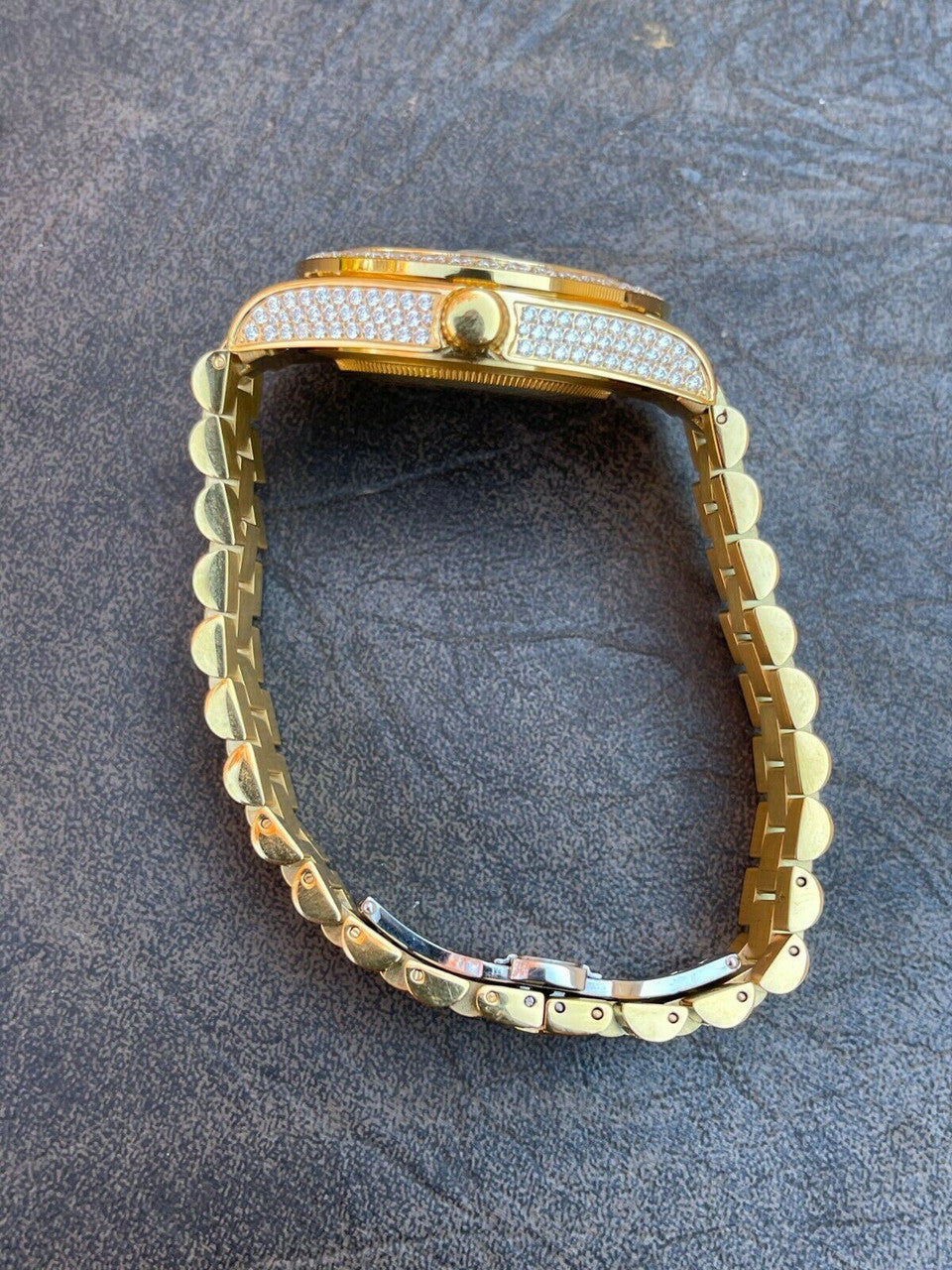 Hip Hop Mens Presidential Roman 14k Gold Stainless Watch Iced 15ct Bust Down Diamond