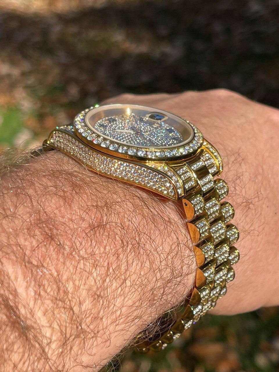 Hip Hop Mens Presidential Roman 14k Gold Stainless Watch Iced 15ct Bust Down Diamond