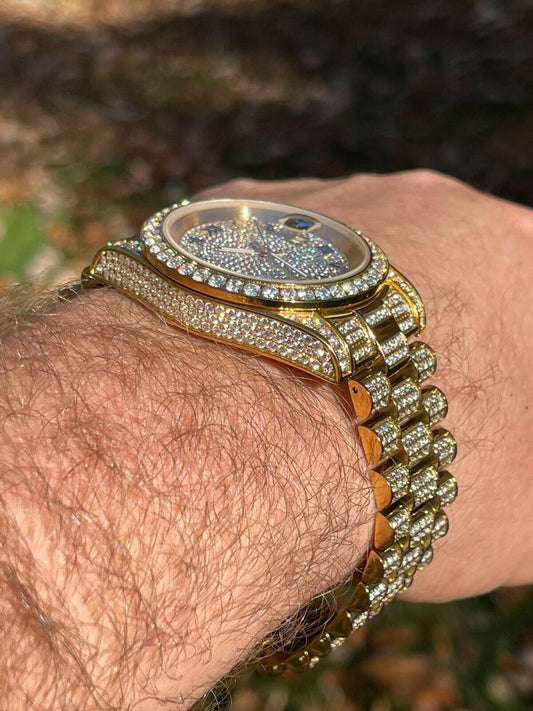 Hip Hop Mens Presidential Roman 14k Gold Stainless Watch Iced 15ct Bust Down Diamond