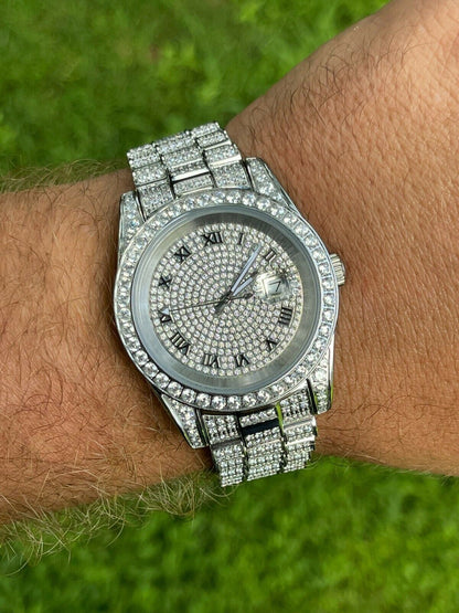 Hip Hop Mens Presidential Roman Stainless Watch Iced 15ct Flooded Out Diamond Hip Hop