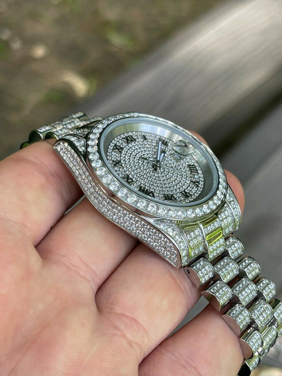 Hip Hop Mens Presidential Roman Stainless Watch Iced 15ct Flooded Out Diamond Hip Hop