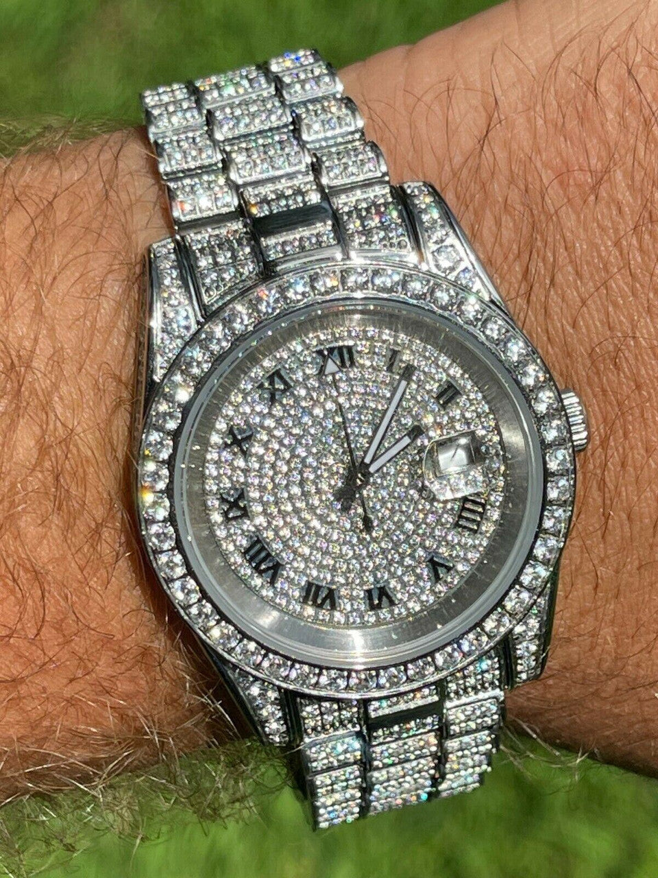 Hip Hop Mens Presidential Roman Stainless Watch Iced 15ct Flooded Out Diamond Hip Hop