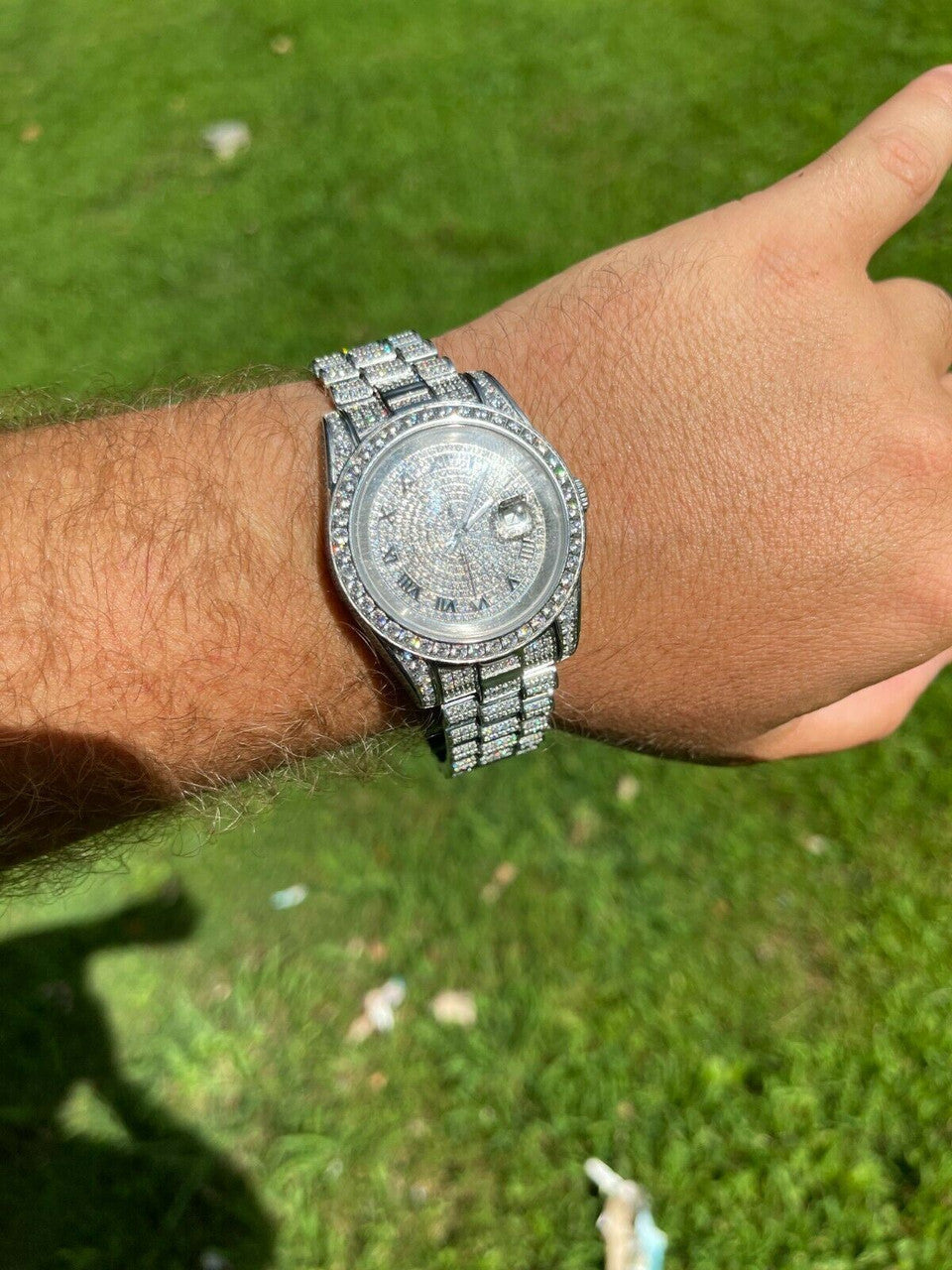 Hip Hop Mens Presidential Roman Stainless Watch Iced 15ct Flooded Out Diamond Hip Hop