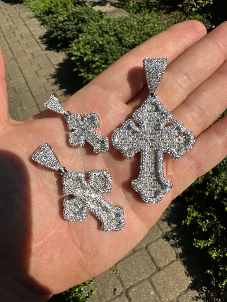 Hip Hop MOISSANITE 2Pac Gothic Cross Pendant Iced Baguette Necklace Real 925 Silver - 3 Sizes