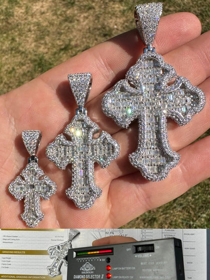 Hip Hop MOISSANITE 2Pac Gothic Cross Pendant Iced Baguette Necklace Real 925 Silver - 3 Sizes