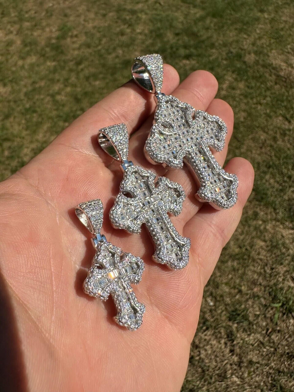 Hip Hop MOISSANITE 2Pac Gothic Cross Pendant Iced Baguette Necklace Real 925 Silver - 3 Sizes