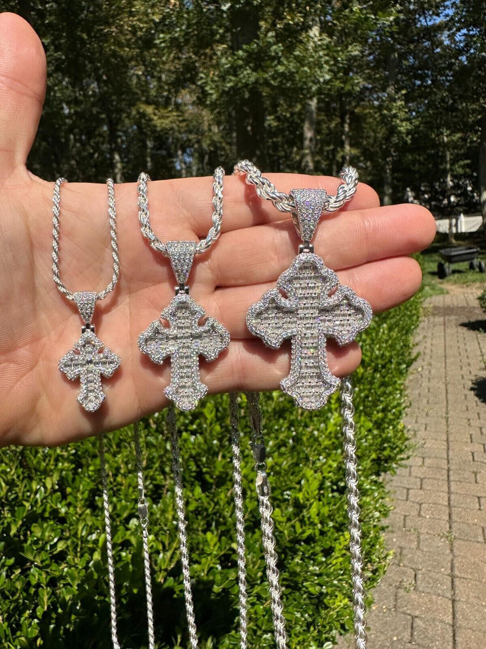 Hip Hop MOISSANITE 2Pac Gothic Cross Pendant Iced Baguette Necklace Real 925 Silver - 3 Sizes