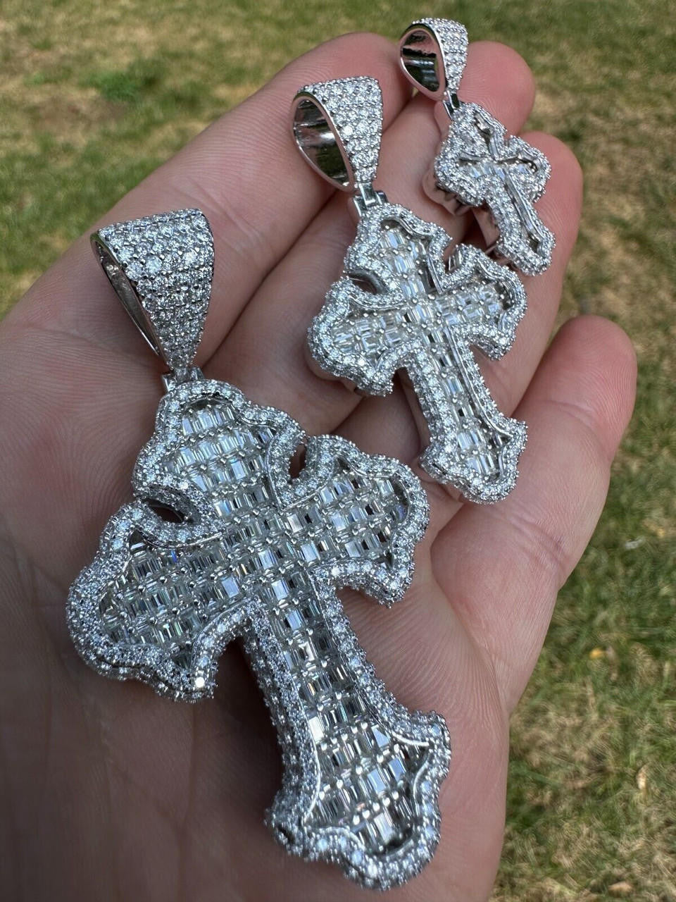 Hip Hop MOISSANITE 2Pac Gothic Cross Pendant Iced Baguette Necklace Real 925 Silver - 3 Sizes