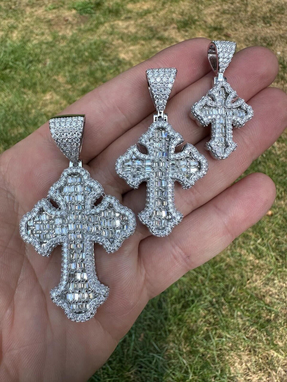 Hip Hop MOISSANITE 2Pac Gothic Cross Pendant Iced Baguette Necklace Real 925 Silver - 3 Sizes