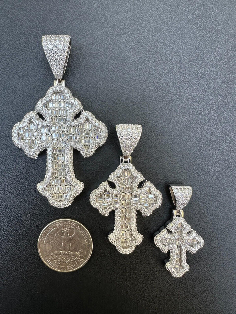 Hip Hop MOISSANITE 2Pac Gothic Cross Pendant Iced Baguette Necklace Real 925 Silver - 3 Sizes