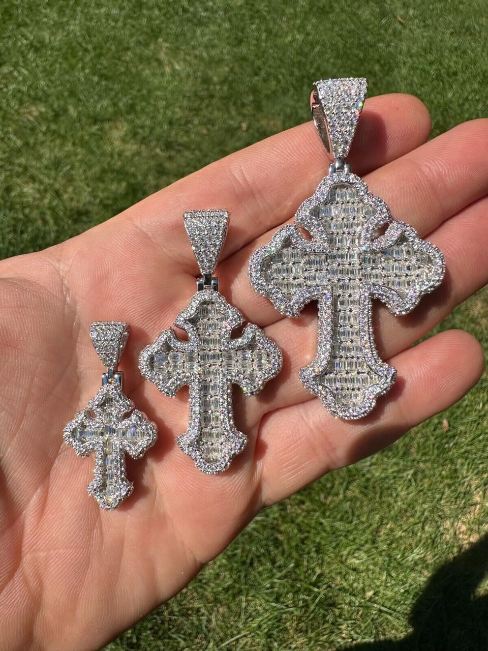 Hip Hop MOISSANITE 2Pac Gothic Cross Pendant Iced Baguette Necklace Real 925 Silver - 3 Sizes