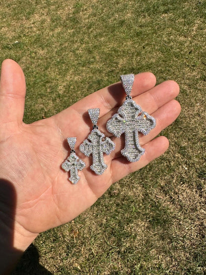 Hip Hop MOISSANITE 2Pac Gothic Cross Pendant Iced Baguette Necklace Real 925 Silver - 3 Sizes