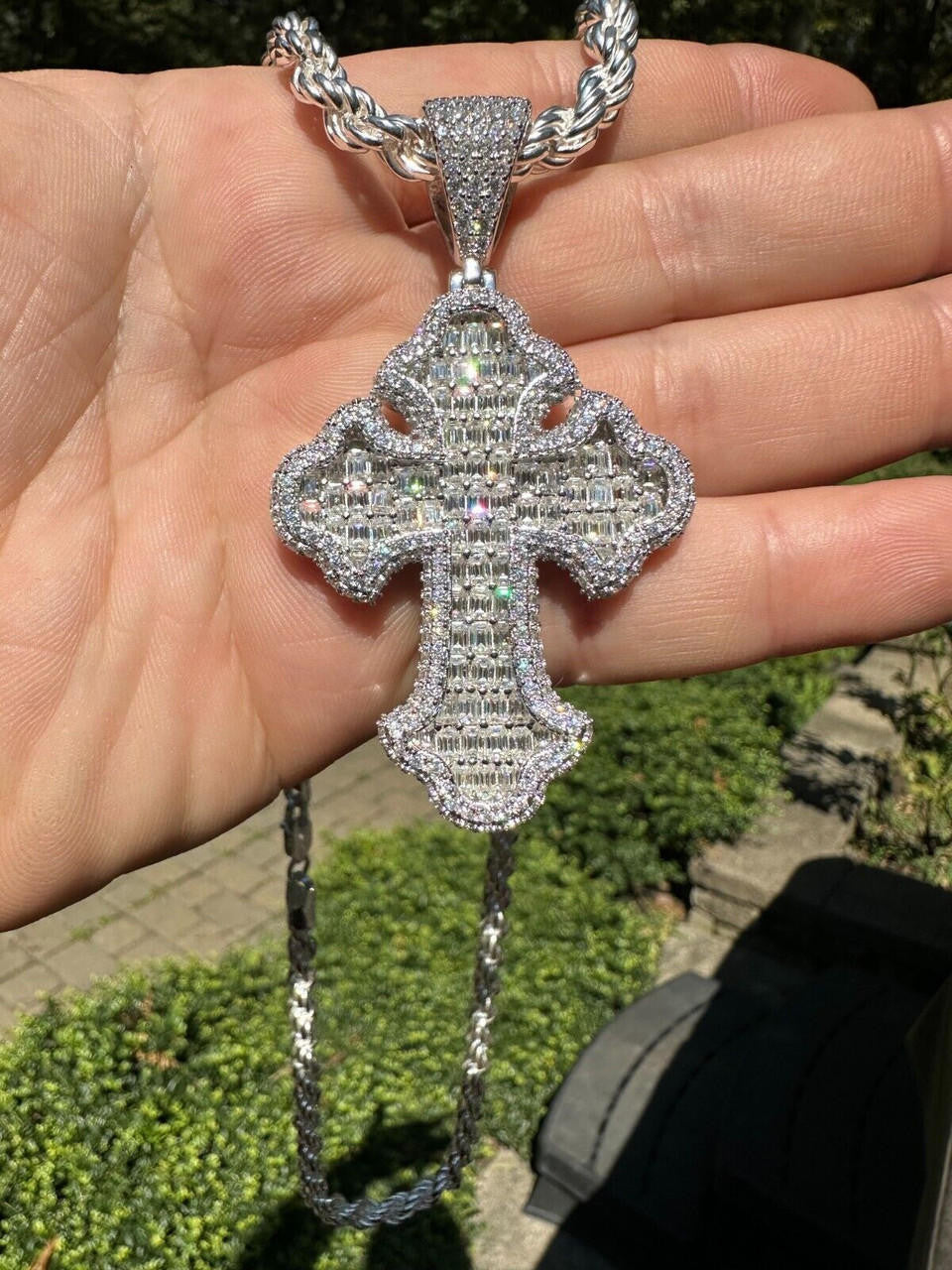 Hip Hop MOISSANITE 2Pac Gothic Cross Pendant Iced Baguette Necklace Real 925 Silver - 3 Sizes