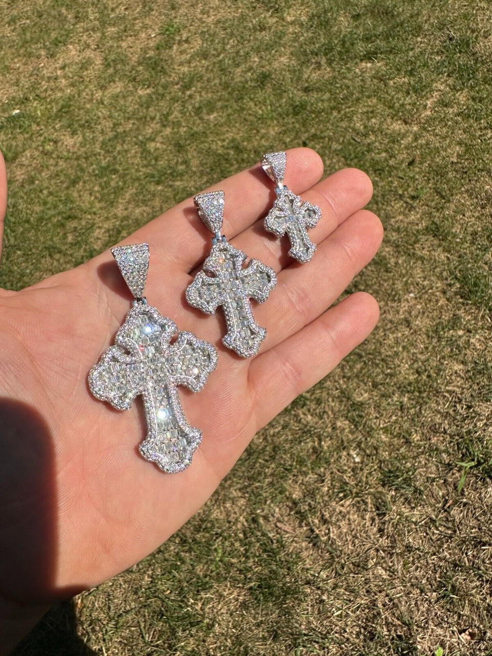 Hip Hop MOISSANITE 2Pac Gothic Cross Pendant Iced Baguette Necklace Real 925 Silver - 3 Sizes