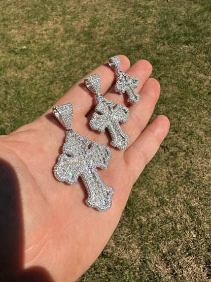 Hip Hop MOISSANITE 2Pac Gothic Cross Pendant Iced Baguette Necklace Real 925 Silver - 3 Sizes