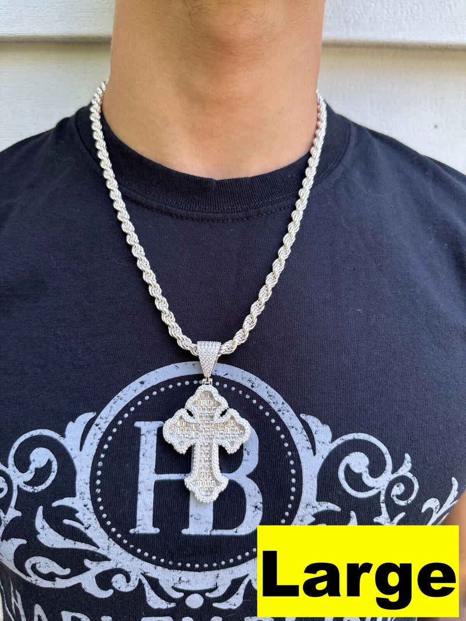 Hip Hop MOISSANITE 2Pac Gothic Cross Pendant Iced Baguette Necklace Real 925 Silver - 3 Sizes