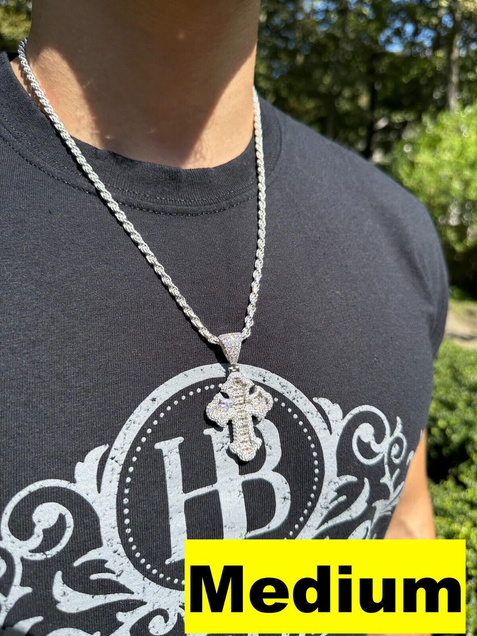 Hip Hop MOISSANITE 2Pac Gothic Cross Pendant Iced Baguette Necklace Real 925 Silver - 3 Sizes